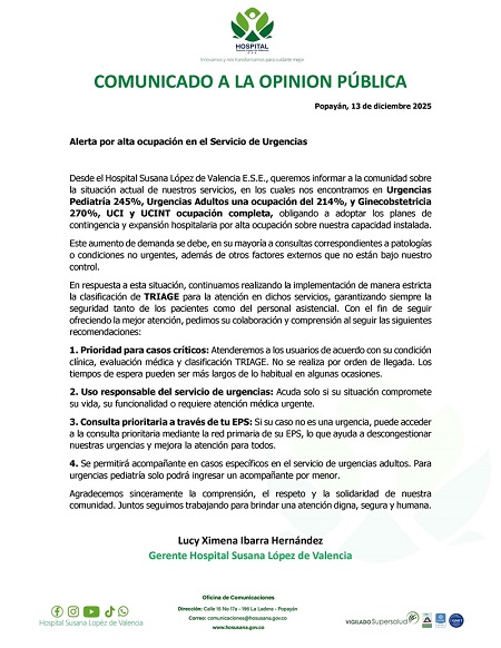 Comunicado Oficial | Alerta alta ocupación en Urgencias