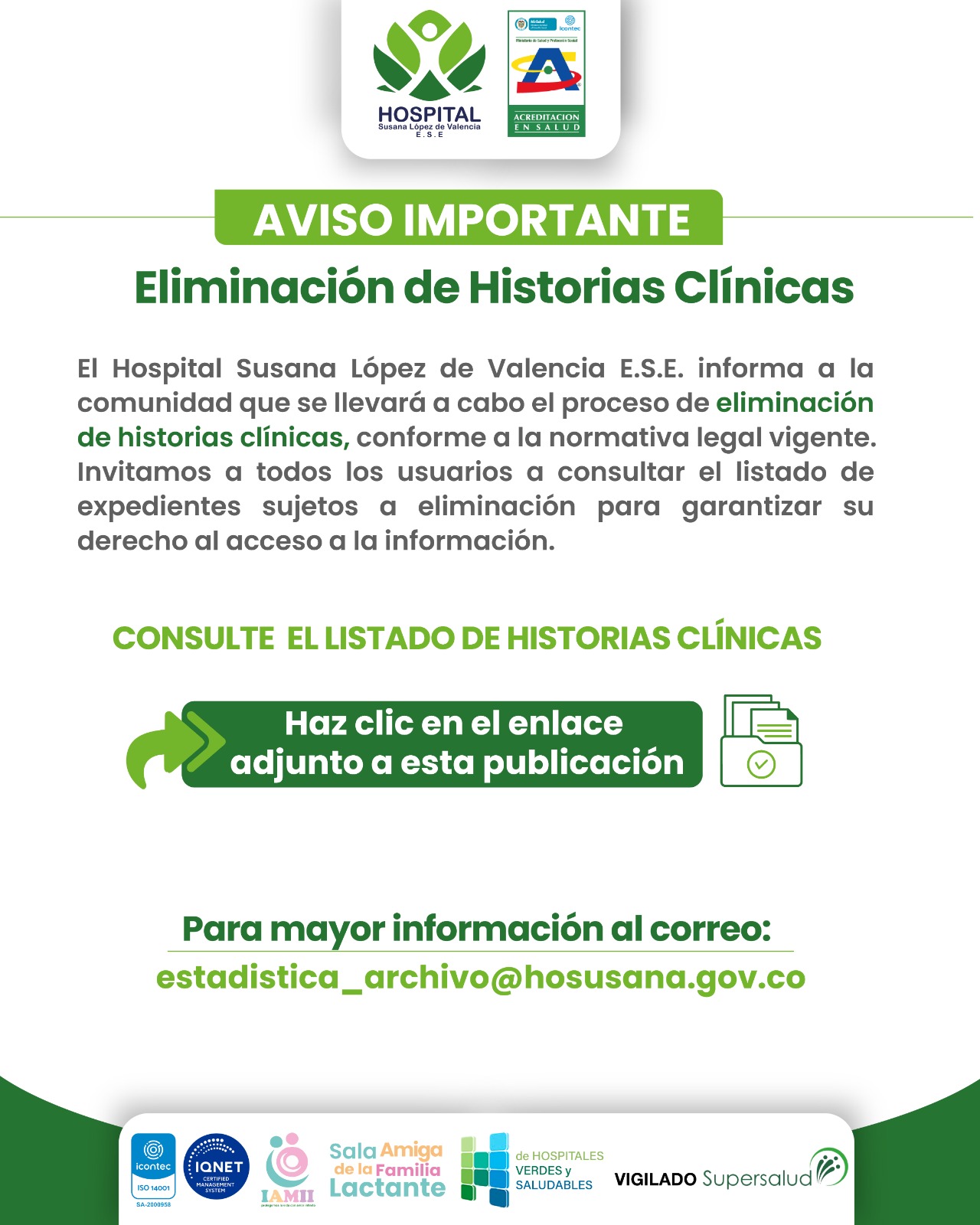 AVISO DE ELIMINACIÓN DE HISTORIAS CLINICAS SOPORTE PAPEL